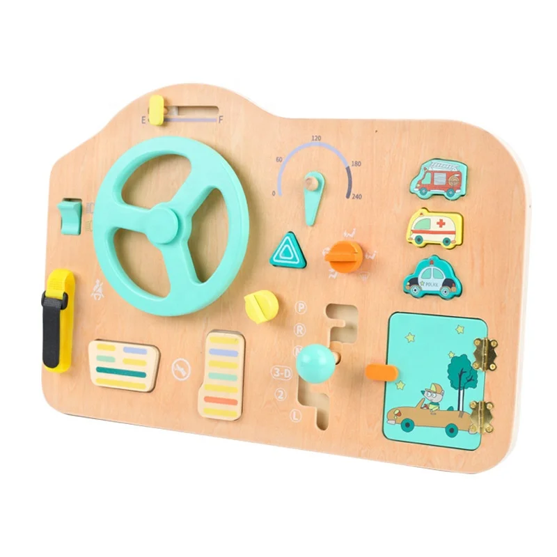 Early education simulation small driver simulation steering wheel baby car driving toys children wooden busy board toys