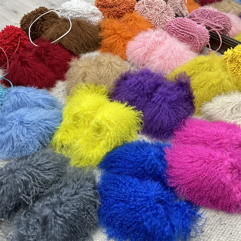 2022 winter new fashion animal sheepskin pink luxury real furry frenzy slippers fluffy flat mongolian fur slides for women