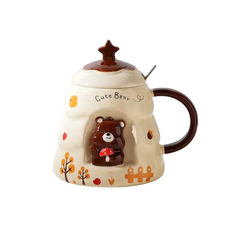 New Creative Gift box wrapped Christmas gift Large capacity Embossed cartoon bear mug Cute Christmas tree mug with lid spoon