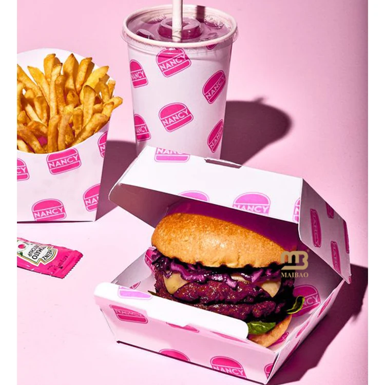 Custom pink french fry clamshell burger box sandwich fries hamburger packaging fired chicken box paper clamshell food container