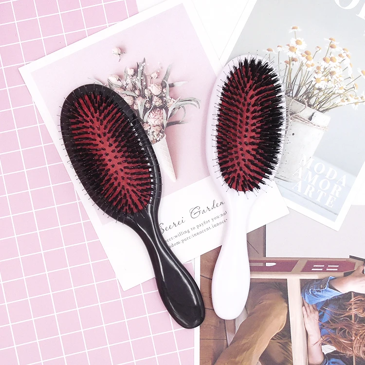 Customized Black Handle Plastic Oval Paddle Massage Scalp Comb Boar Nylon Bristle Detangling Hairbrush Hair Extension Wig Brush