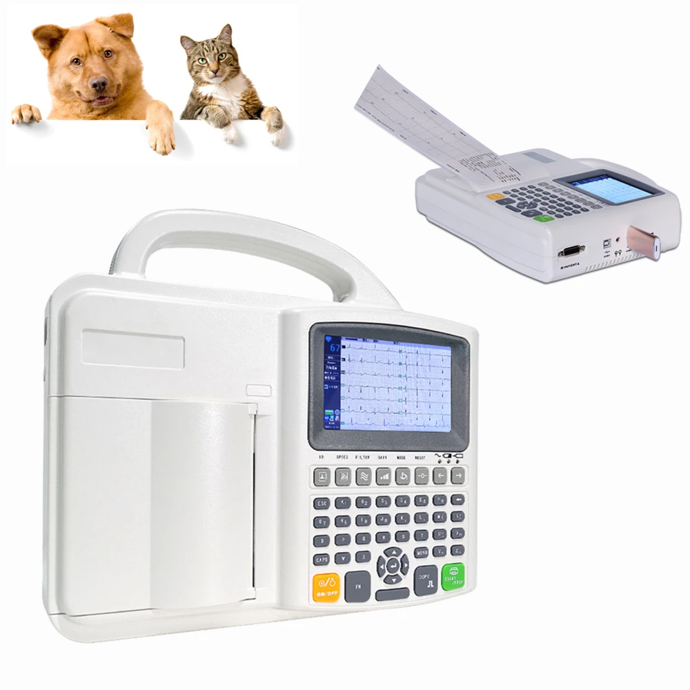 Цифровая 3-канальная ветеринарная клиника для животных, для больницы, с полной клавиатурой, 5 дюймов, ЖК-дисплей, 12 свинцовых ЭКГ, ЭКГ