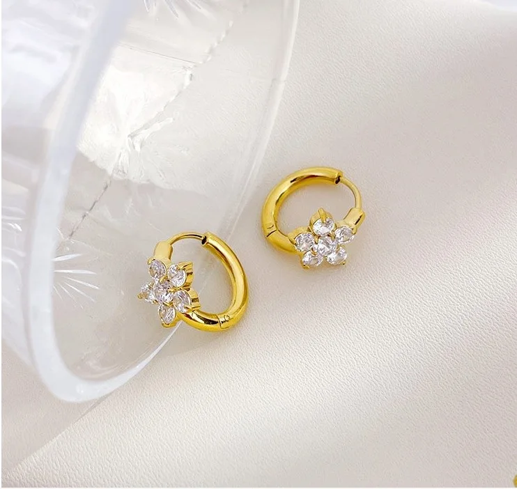 E1777 Waterproof 18K Gold Stainless Steel Trendy Jewelry Clear Zircon Hoop Huggie Earrings For Women Girls