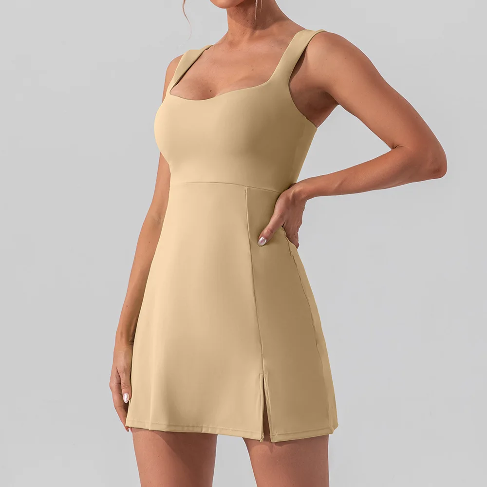2024 New sexy halter solid color yoga tennis dress Light breathable outdoor golf sports wear sundress