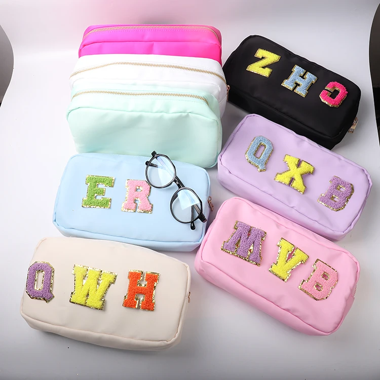 Trendy Solid Nylon Chenille DIY Patches Travel Cosmetic Bag With Varsity Letter Patches Alphabet Stoney Patch Bags Pouch Ladies