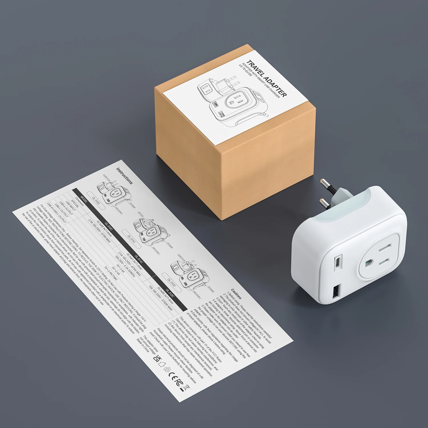 European Travel Plug Adapter US to Europe International Power Adaptor with 2 USB Ports,2 American Outlets- 4 in 1 plug adapter