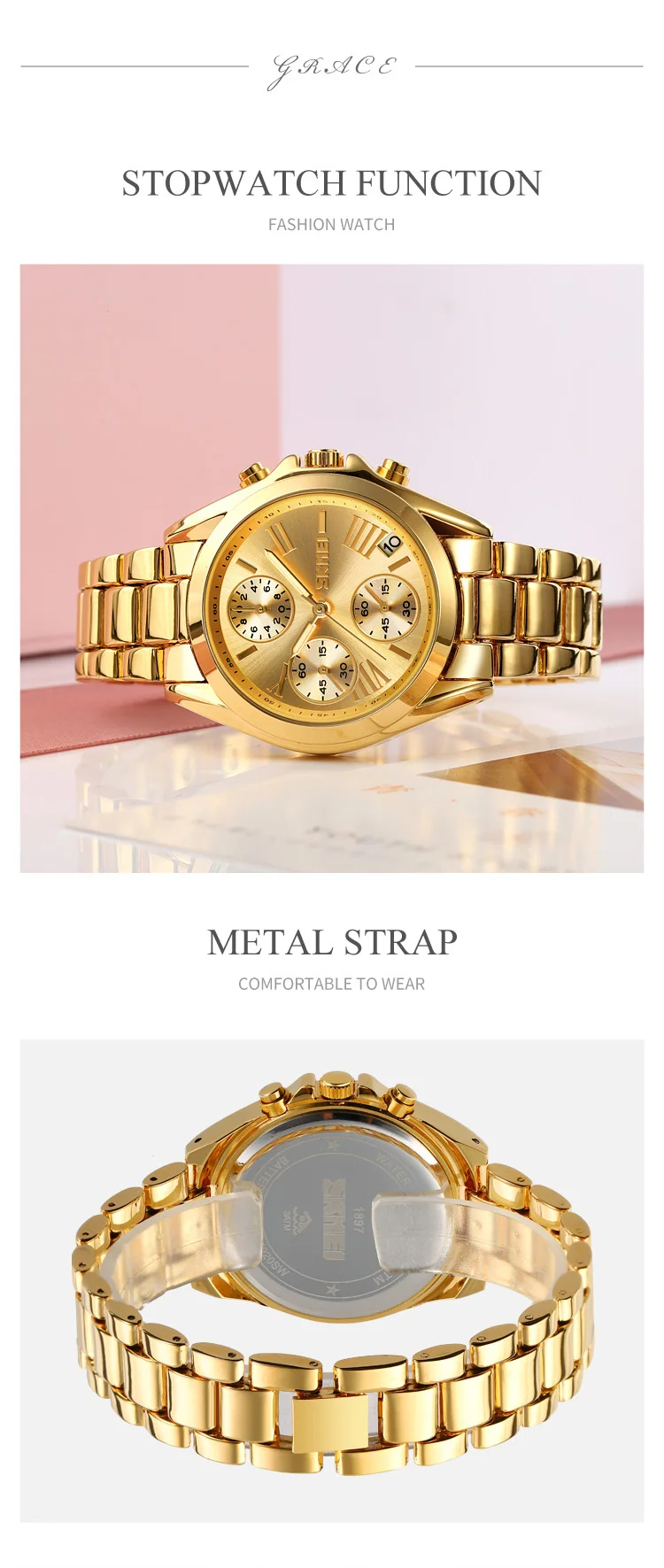 luxury wholesale skmei 1897 high quality quartz movement water resistant stainless steel oem custom men gold watch