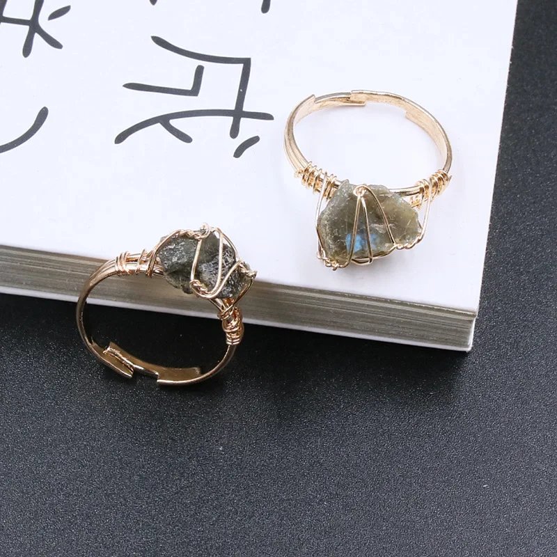 Custom Natural Stone Amethyst Raw Stone Blue Crystal Ring DIY Crystal Stone Live Rose Quartz Raw Ore Wire Wrap Ring For Women