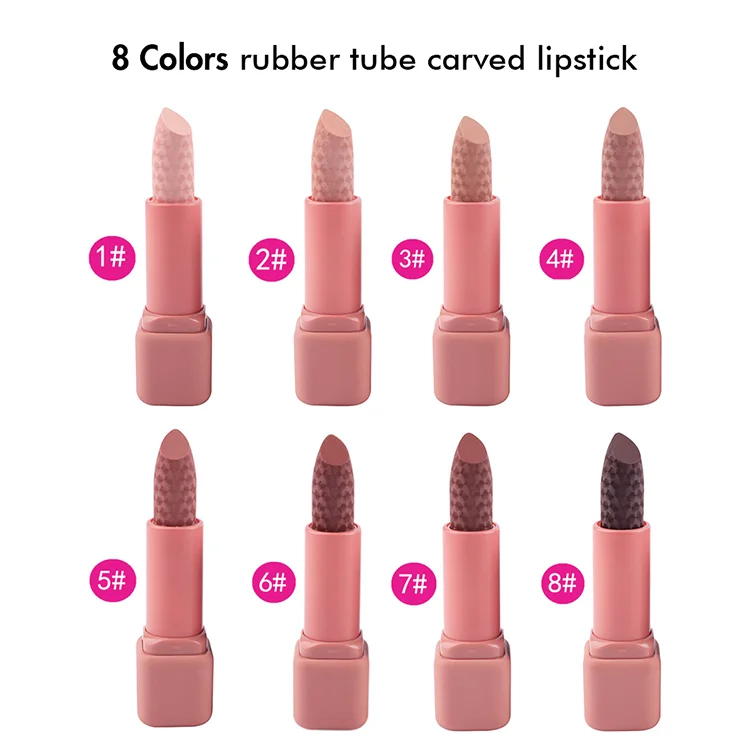 popular hot sale 8 colors rubber tube high pigment carved cute pink waterproof long lasting Korea makeup nude lipstick
