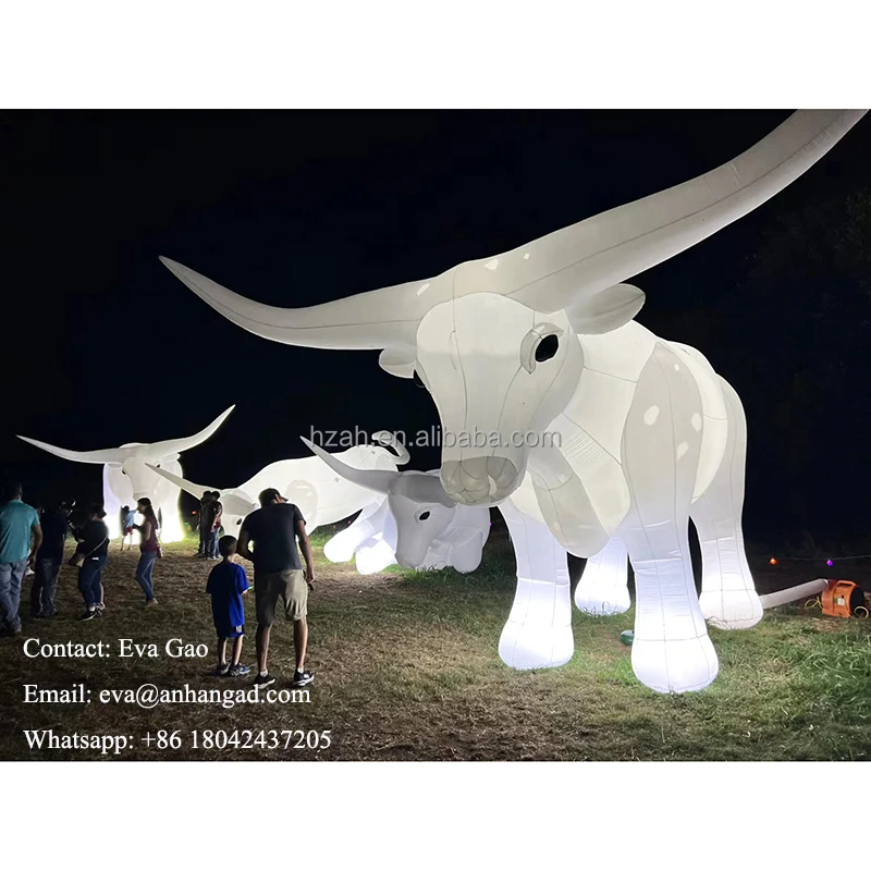 White Inflatable Longhorn Cattle Longhorn OX Inflatable Bull Model Balloon with White Led Light for Decoration