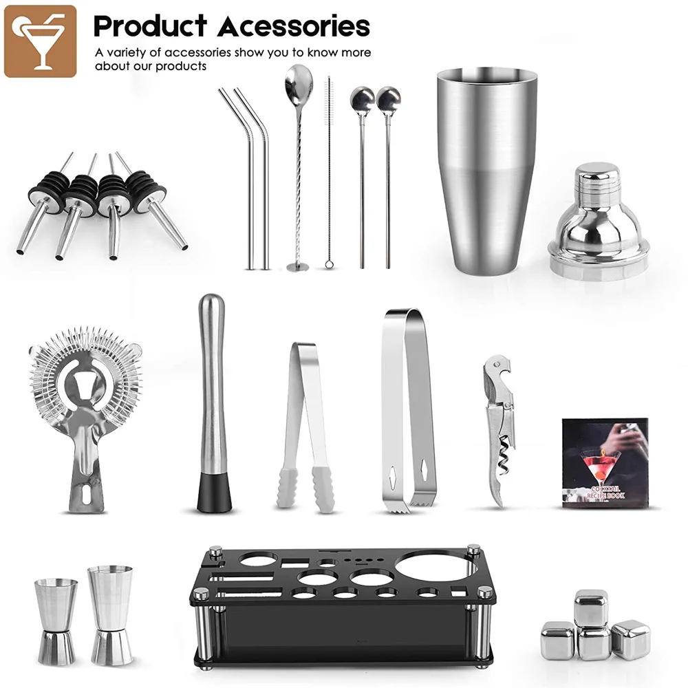 High Quality 304 Stainless Steel Bar Tools Bartender Kit Wine Accessory Luxury New Ice Acrylic Cocktail Shaker 23-pieces Set
