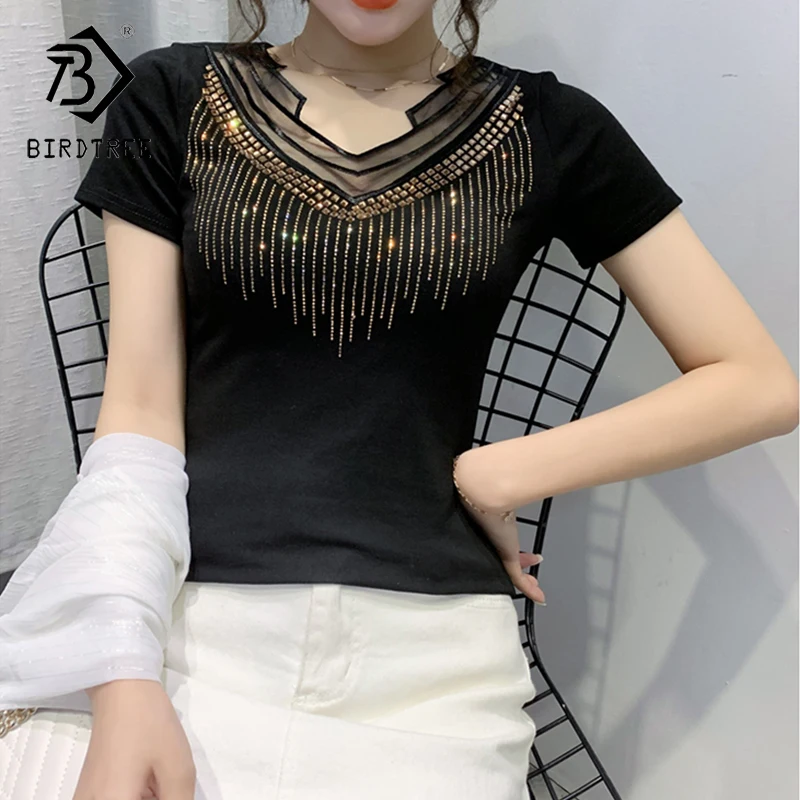 Black T-Shirt Women New V-neck Handmade Diamonds Beading Rivet Mesh Transparent Sexy Women Tops Tees Short Sleeve Summer T25504
