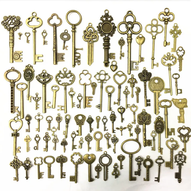 Прямая поставка, упаковка из 90 штук, бронзовые латунные подвески в виде замка, украшение для свадебной вечеринки, металлический скелет, античный ключ