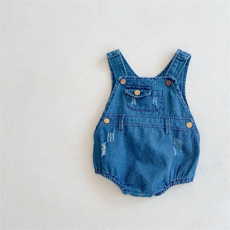 Cotton Denim Bib Romper + Striped T-Shirt Two-Piece Set Baby Romper Clothes Set