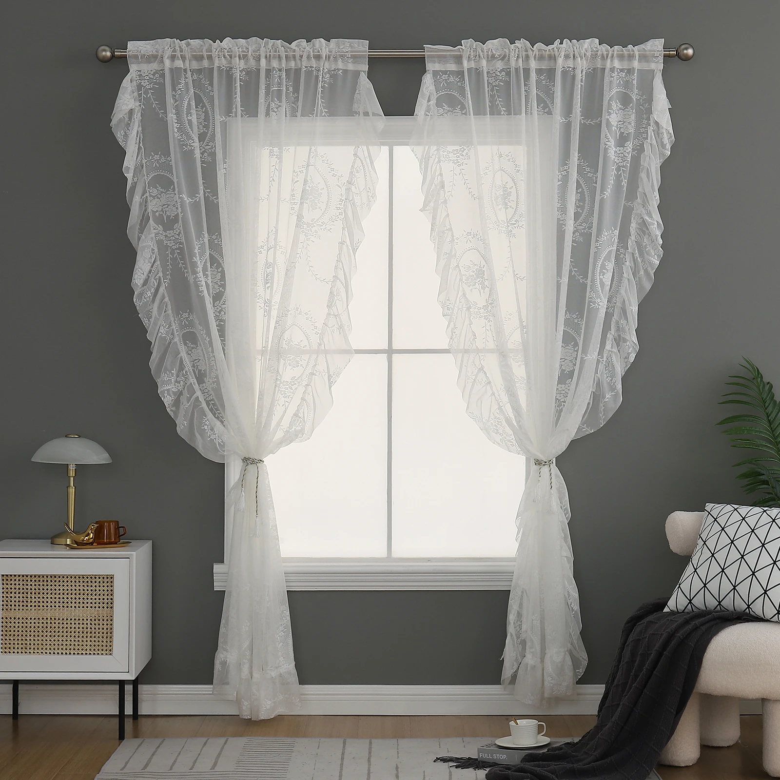 Hot sale Luxury European Style White trimming macrame Lace Curtain In Rolls Lotus Leaf Knitted Princess Wind Girl Gauze Curtain