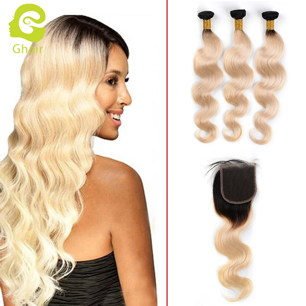 brazilian huhman Hair 2 Tone Dark Roots  Blonde Hair 3 Bundles With Lace Closure 1B/613 Color Hair Weft