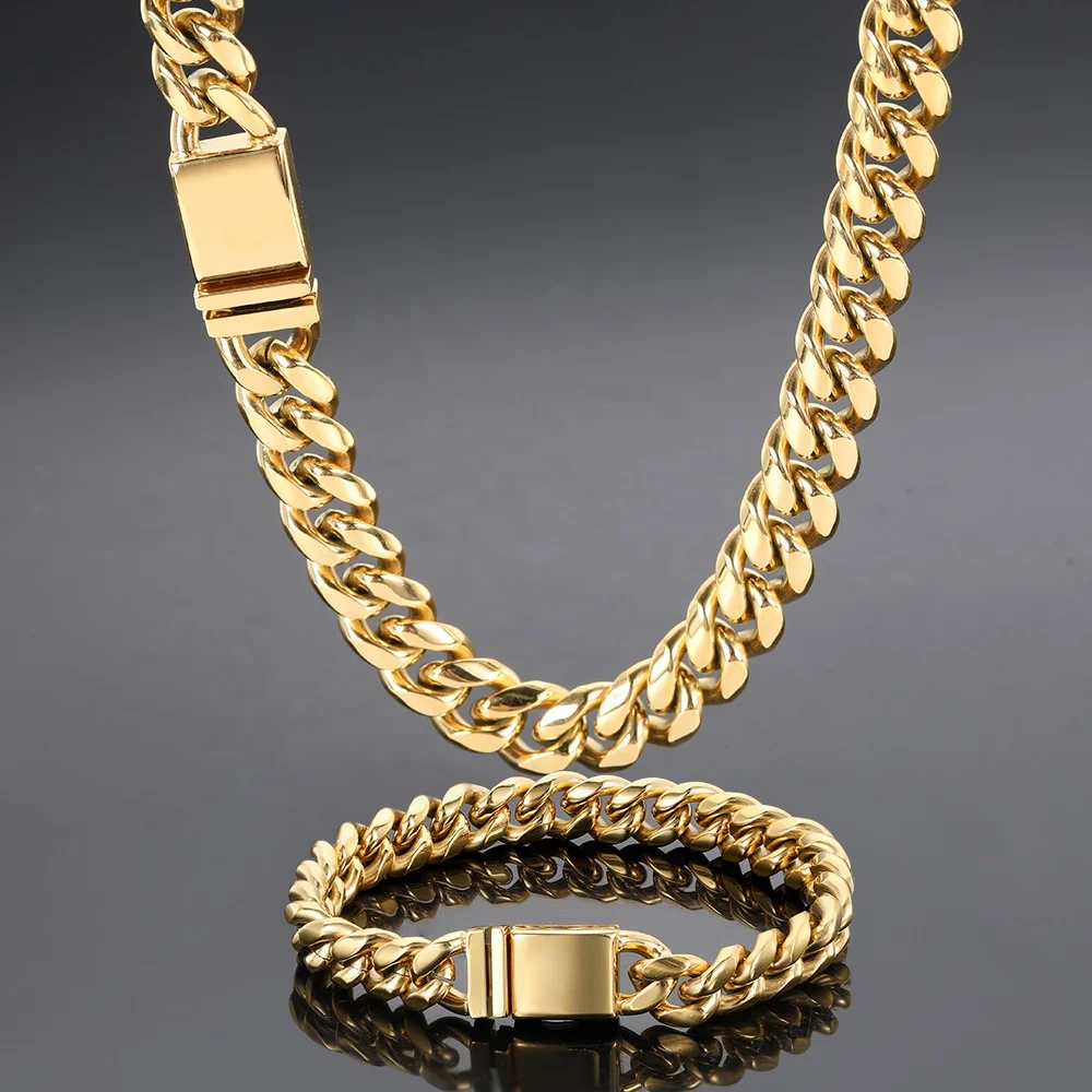 VEROMCA 18k Gold Stainless Steel Cuban Necklace Customizable Logo Four Sided Grinding Clasp Necklace