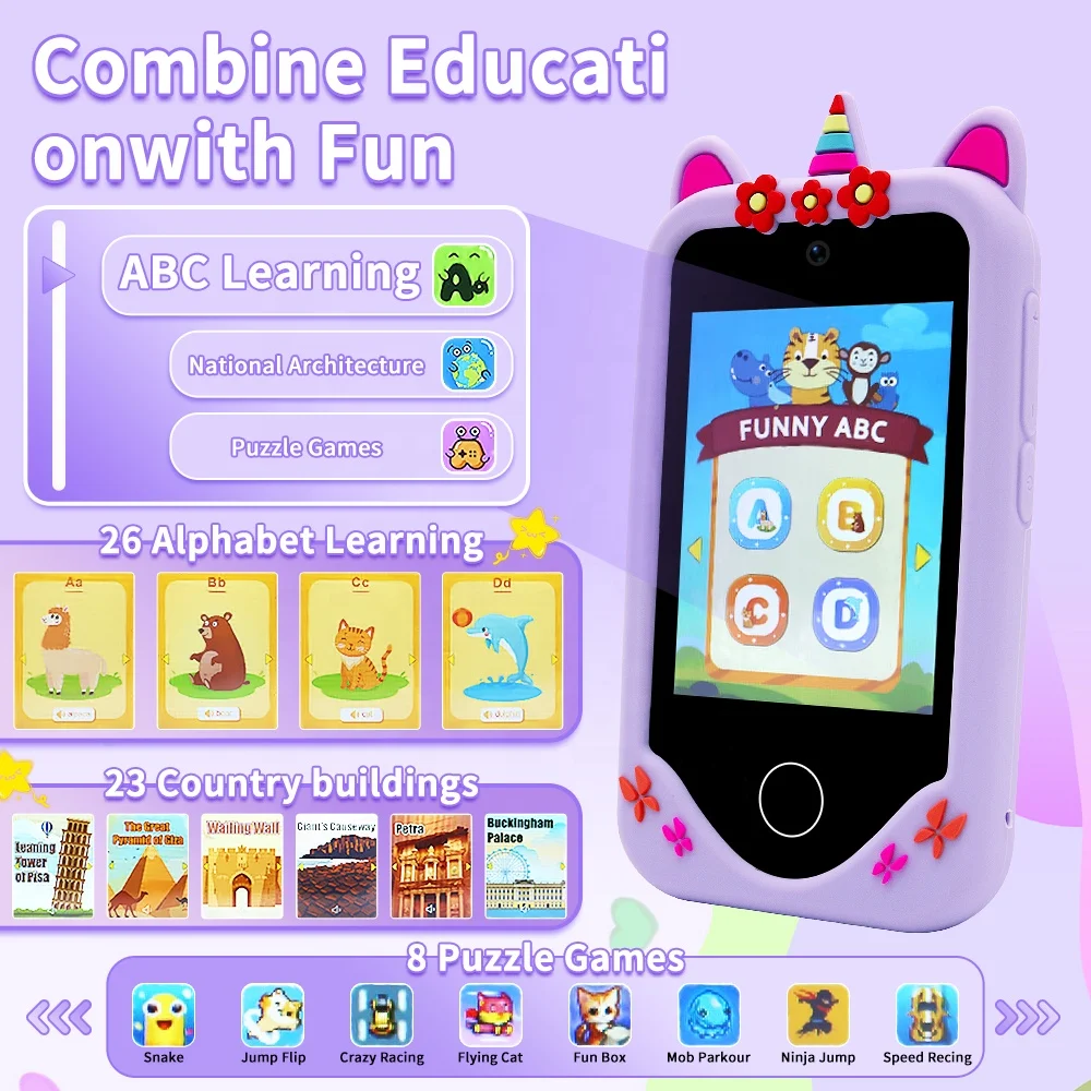 Kids Toys Cell Phone 8GB TF Card Game Phone Music Calculator Calendar Camera Unicorns Kids Smart Phone Toy Gift