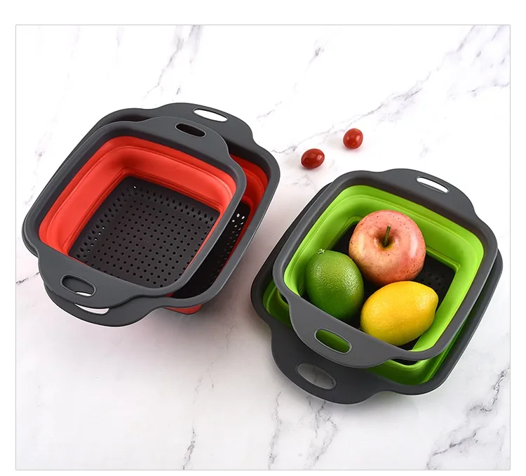 Factory Wholesale Multifunction Modern Silicone 2 Pieces Set Foldable Square Fruit Vegetable Drain Basket
