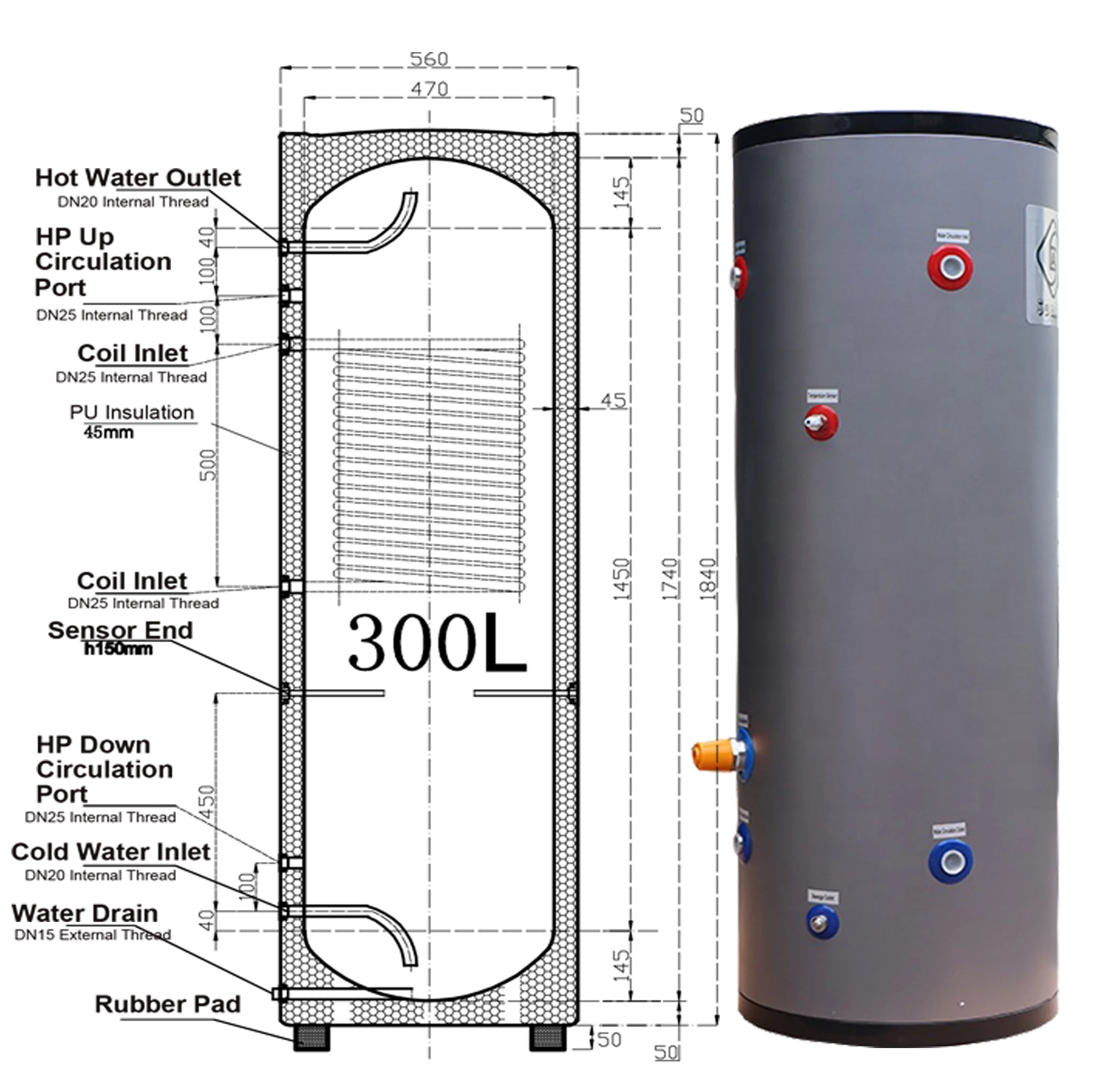SUS304 316L дуплекс 300L 80D хранение горячей воды A + энергосберегающий высокоэффективный Гибридный нагревательный теплообменник