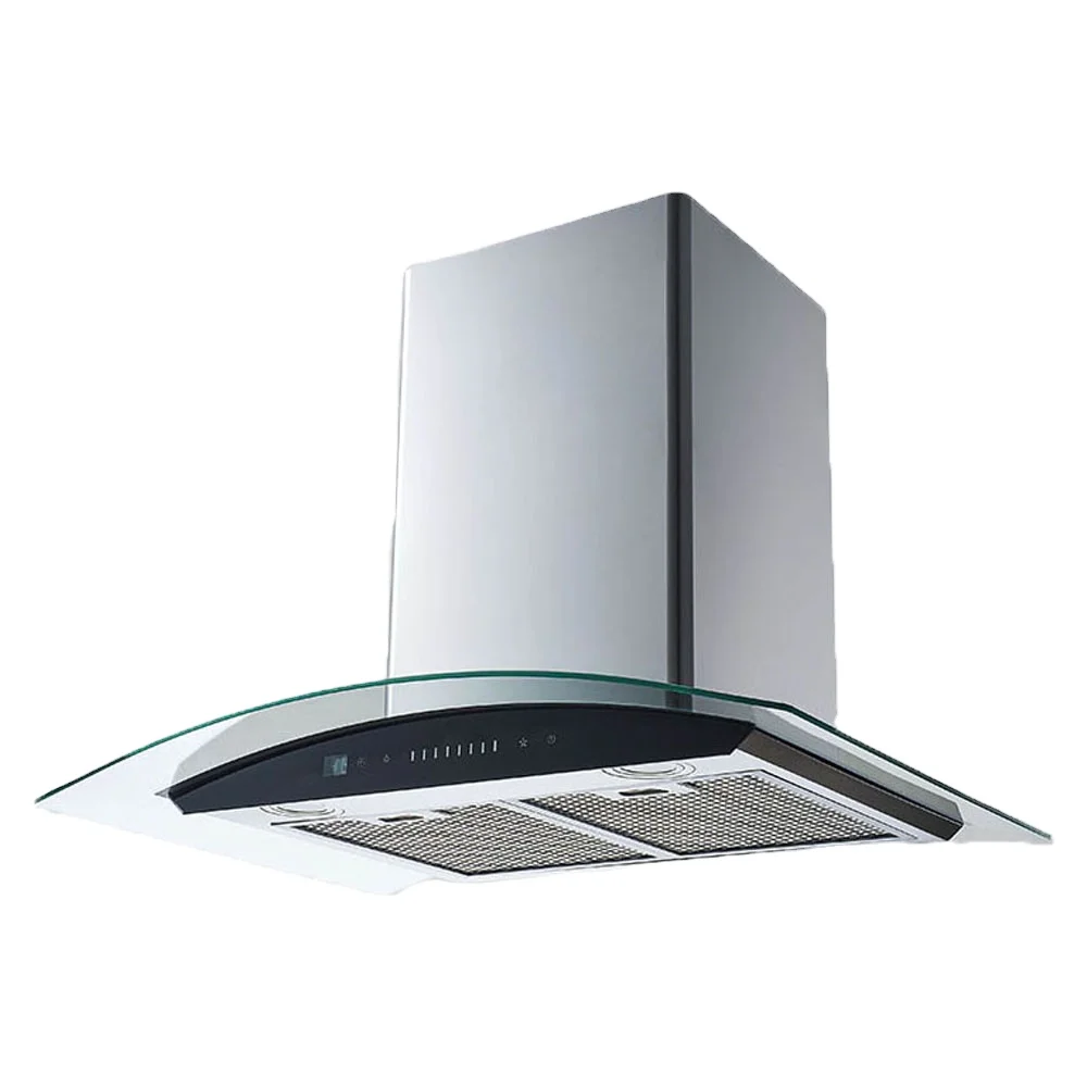 Clean look touch control cooker hood led light range hood wall mount tempered curved glass for range hood