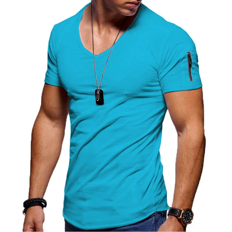 Mens Workout Compressed Gym Training Bodybuilding Muscle Fitness V collar  T Shirt
