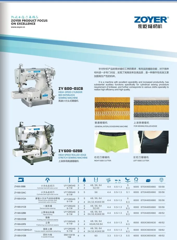 ZY600-02BB Zoyer cylinder bed rolled-edge stretch industrial cover stitch interlock sewing machine