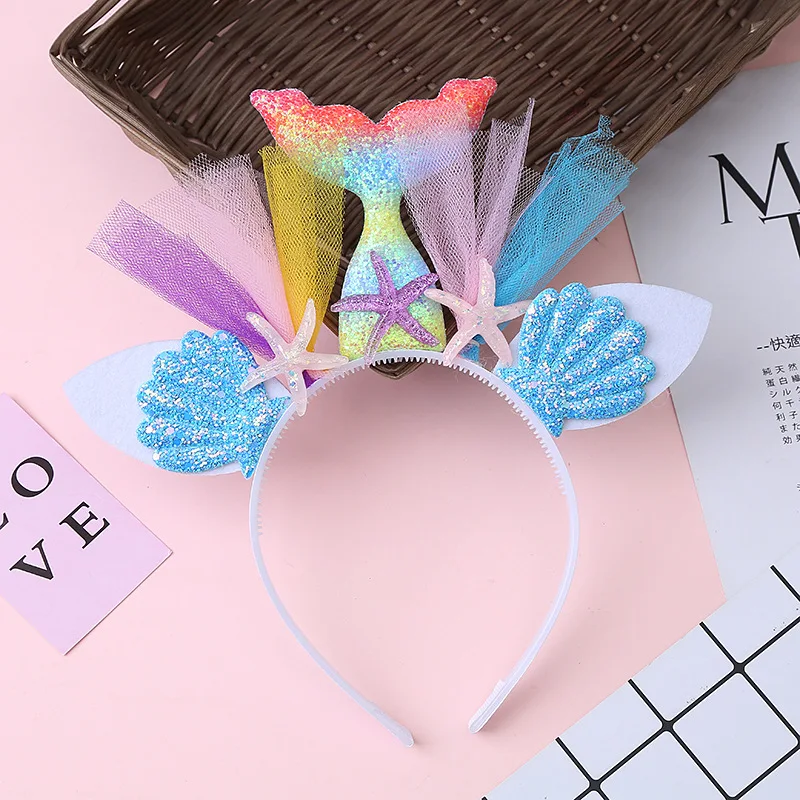 Wholesale fashionable cute lovely kids rainbow color glitter mermaid headband for kids holiday