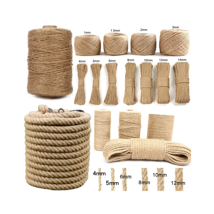 High quality factory jute rope twisted 2mm 3mm 4mm 6mm 10mm 25mm braided 3 strands hemp jute rope