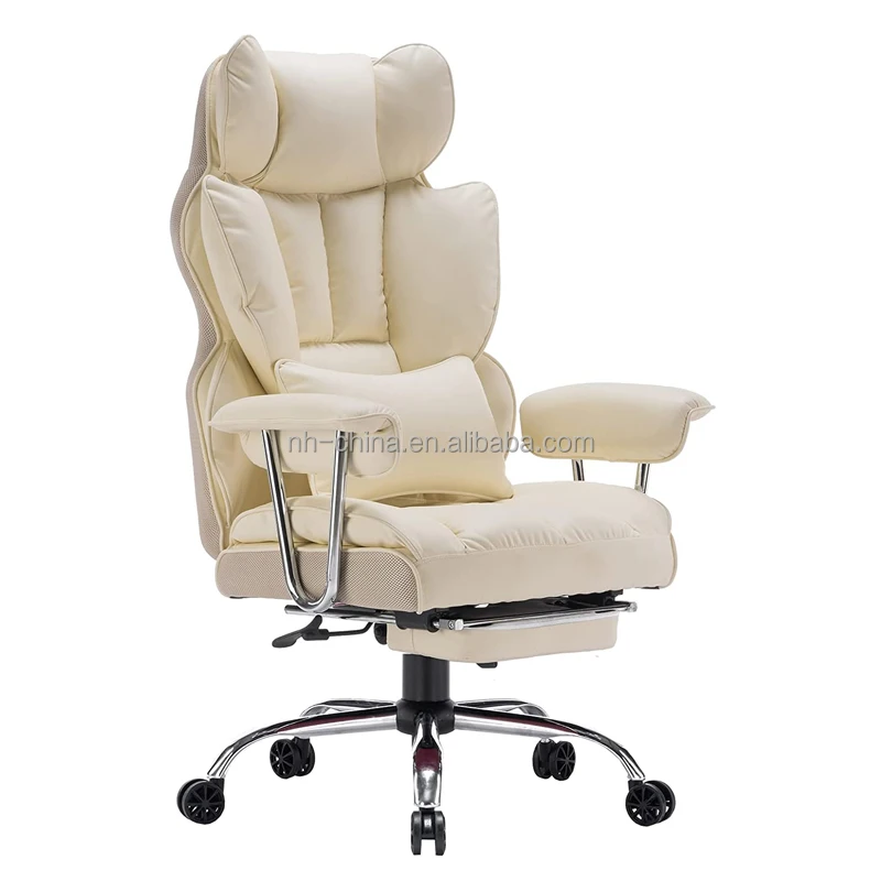 Heavy duty beige synthetic leather lumbar support executive reclining office chair with footrest