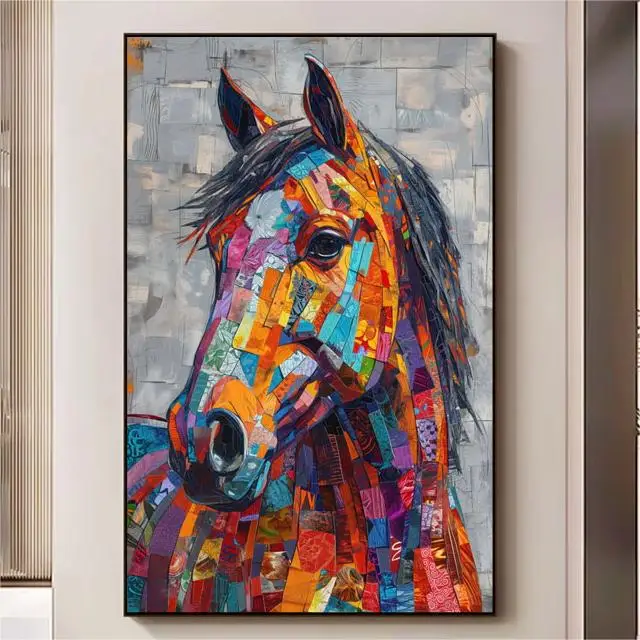 3D Colorful Horse Abstract Minimalist Oil print Painting on Canvas Custom Living Room Wall art Decor Animal Paintings texture