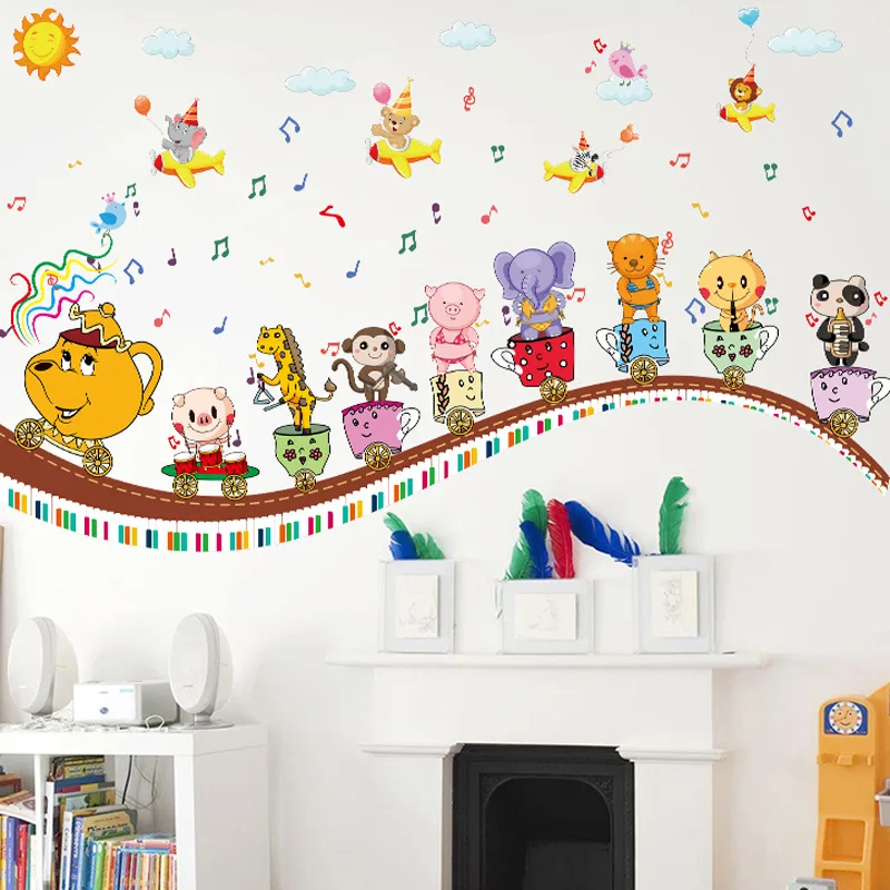 Nordic Cartoon Animals Wall Stickers For Kids Rooms Girls Boys Baby Room Decoration Giraffe Elephant Musical Note Cup Wallpaper