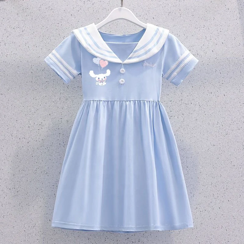 Kawaii Sanriosed Cinnamoroll Girls Short Sleeve Dress Kids Navy Neck Preppy Dress Sweet Pleated Skirt Summer Child Clothes Gift