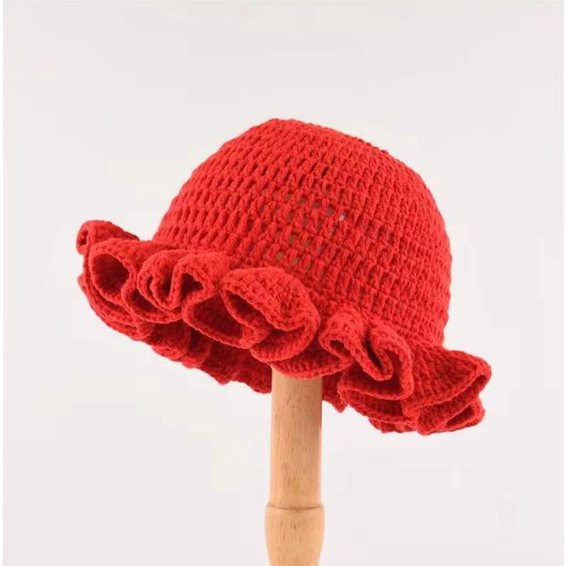 New Fashion Solid Color Handmade Knitted Cap Orange French Crochet Beach Ruffle Hats for Women