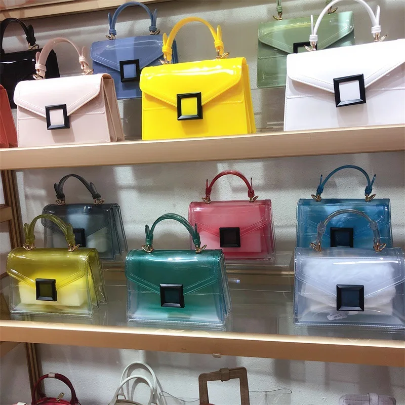 
Wholesale Jelly Purse Transparent PVC Chain Matte Handbag Female Gradient Small Square Solid Color Hand Bags For Women Girls 