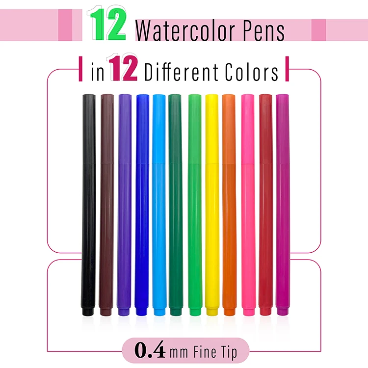 Supplier custom non-toxic washable 12 colors 2 mm fine tip children colored drawing water color marker pen for kids with logo