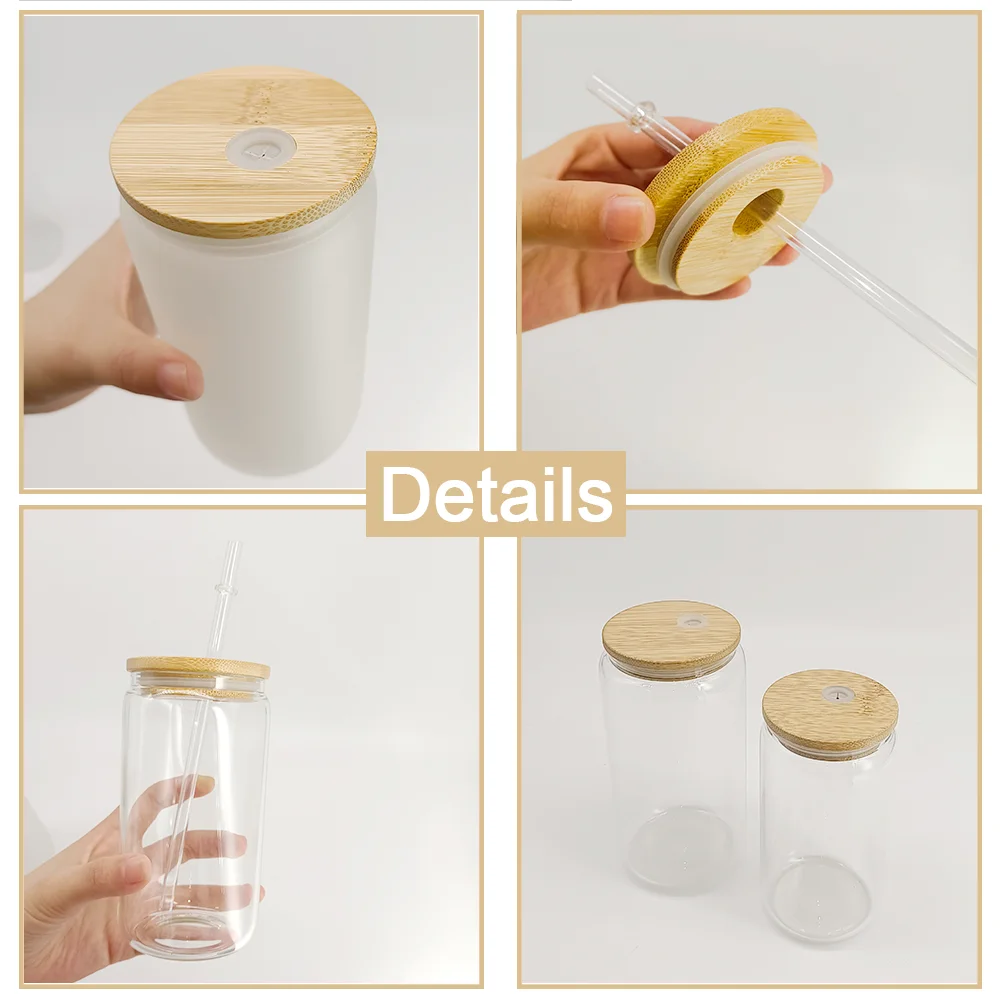 hot sale 16oz sublimation beer soda glass tumbler can shaped frosted clear glass with bamboo lid and straw
