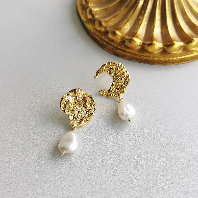 European 100% 925 Silver Natural Pearl Pendant Earrings 18K Gold Plated Hammered Fresh Water Pearl Drop Earrings