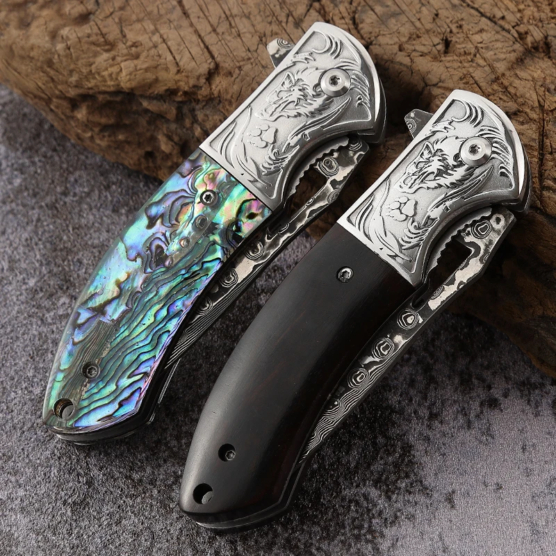 Free Sample Damascus EDC Engraved Abalone Pocket Knife Gift Ebony Wooden Handle Folding Knife Anniversary Husband Father Wedding