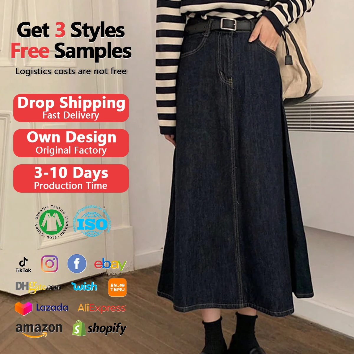 Free Sample Women Jeans Skirts Ladies Denim Blue All-Match Ulzzang Stylish Popular College Girls High Waist Denim Midi Skirt