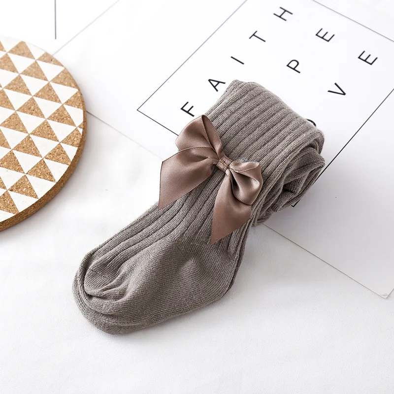 
Cotton knit breathable vertical stripes baby girl fall leggings tights with bow 