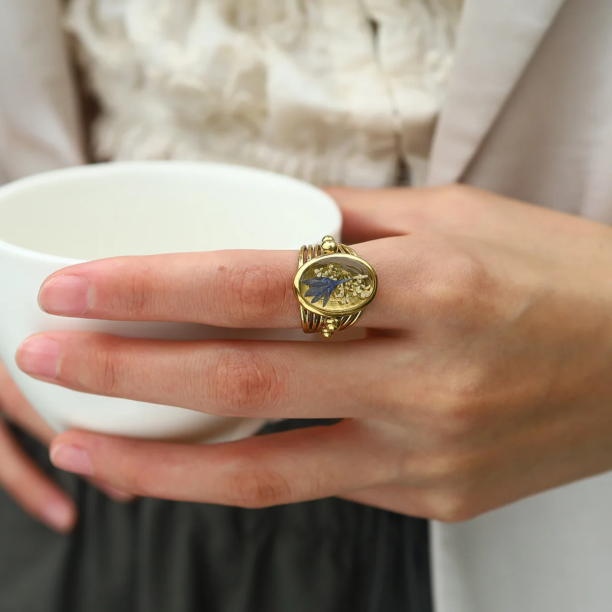 MICCI Wholesale 18K Gold Stainless Steel Waterproof Fashion Jewelry Dried Flower Open Rings For Women