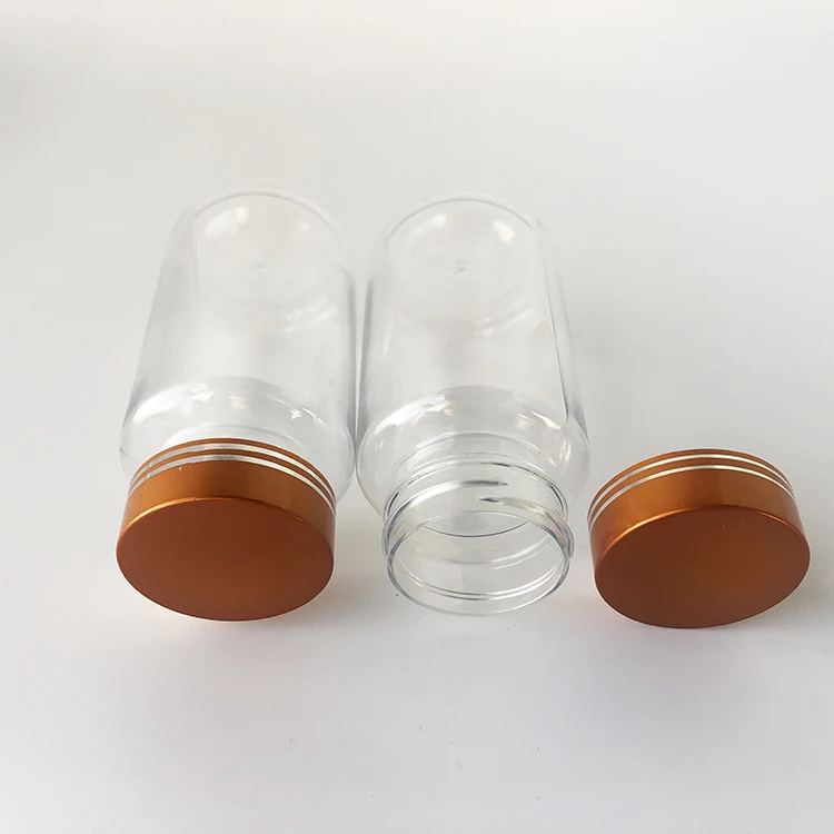 Custom logo 120ml 120cc 4 oz clear plastic capsule tablet pill packaging bottle container with gold screw cover cap lid