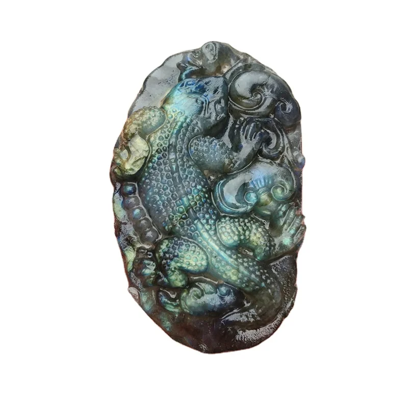 
Натуральный резьбовой кварцевый кабошон ручной работы, лабрадорит, ящерица, резьба для подарка 