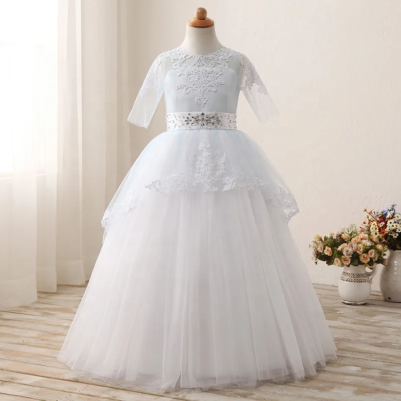 short sleeves first communion dresses for girls white 2-12years long ball gown girls party dress 2018 flower girl dress