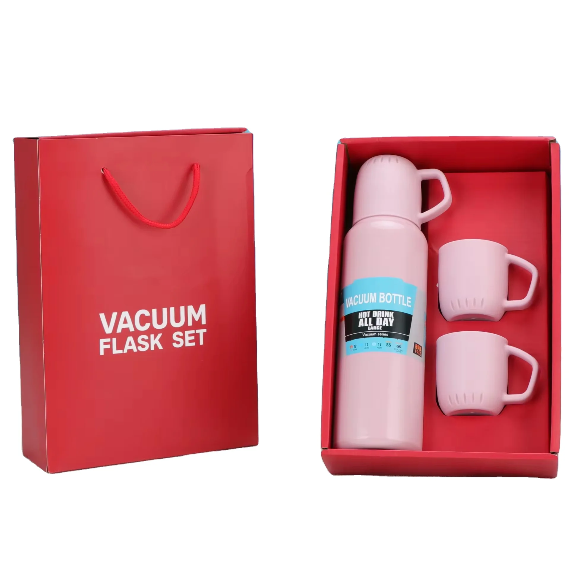 High Quality Business Custom Gift Cup Logo 304 Stainless Steel Coffee Thermos Set One Cup Two Lid Gift Box Flasks Bottle Set