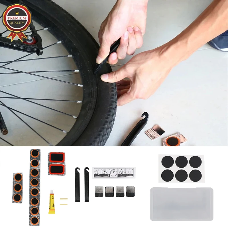 Bicycle Inner Tire Patch Repair Kit with 13 PCS Vulcanizing Patch 6  Glueless Puncture Patchs 4 Metal Scuffer and Storage Box