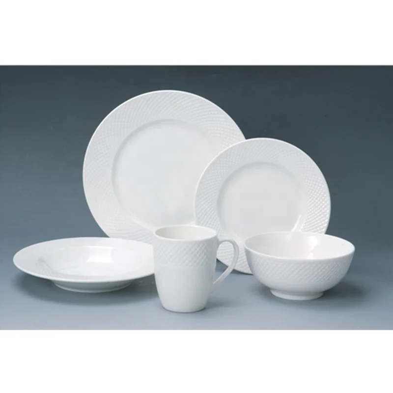 Wholesale custom hotel restaurant white new design embossed bone china crockery tableware ceramic porcelain 16pcs dinner set