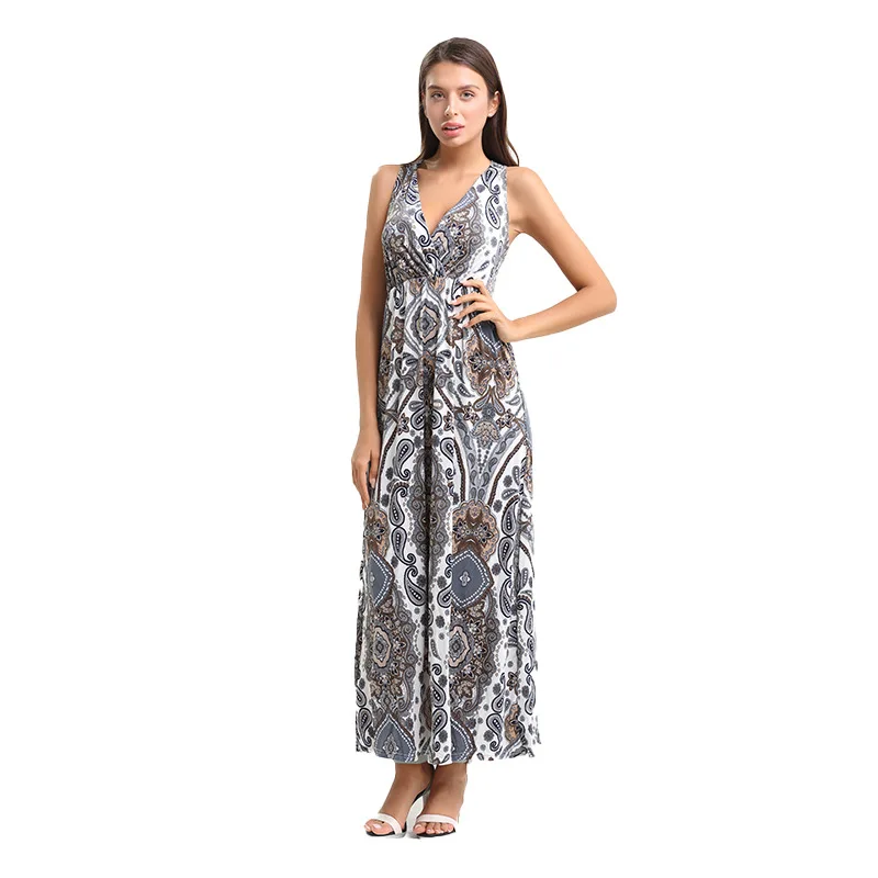 PDEP 2022 new V neck  sleeveless women long maxi dress elegant high waist loose fancy  flower ladies beach bohemian casual dress