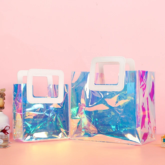 Custom Logo Holographic Laser Iridescent Square PU leather handle PVC Gift Shopping Tote Bag